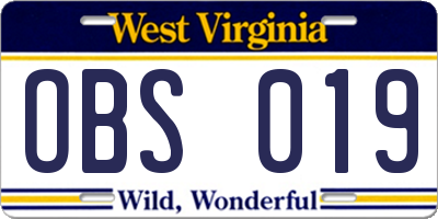 WV license plate OBS019