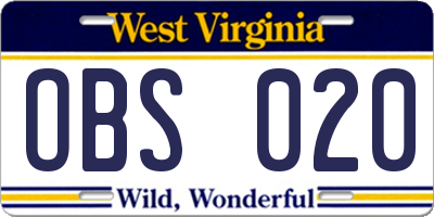 WV license plate OBS020
