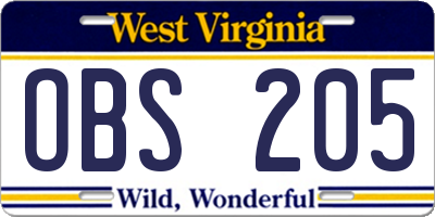 WV license plate OBS205