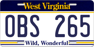 WV license plate OBS265