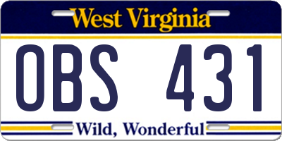 WV license plate OBS431