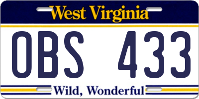 WV license plate OBS433
