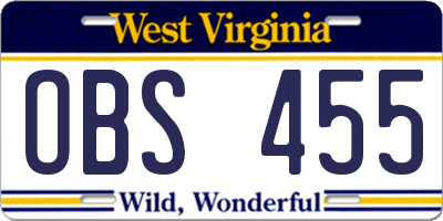 WV license plate OBS455