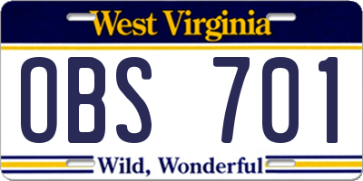WV license plate OBS701