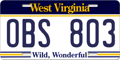 WV license plate OBS803