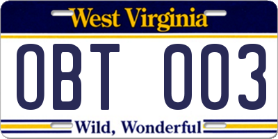 WV license plate OBT003