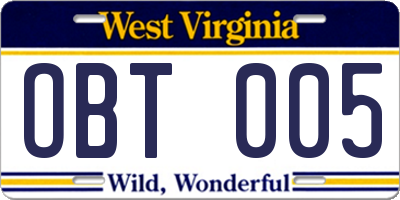 WV license plate OBT005