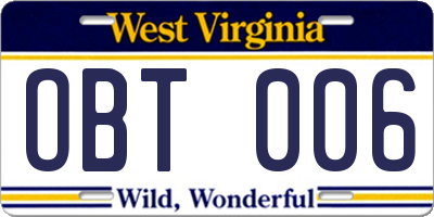 WV license plate OBT006