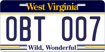 WV license plate OBT007