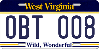 WV license plate OBT008