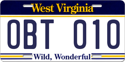 WV license plate OBT010