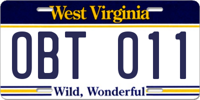 WV license plate OBT011