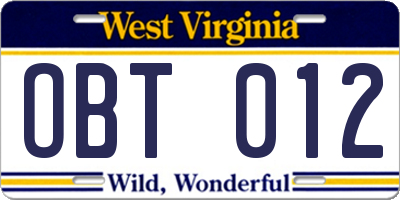 WV license plate OBT012