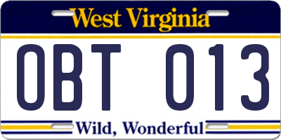 WV license plate OBT013