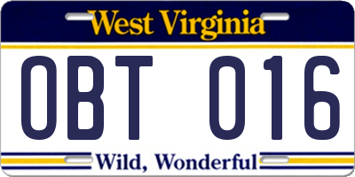 WV license plate OBT016