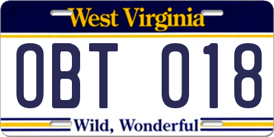 WV license plate OBT018