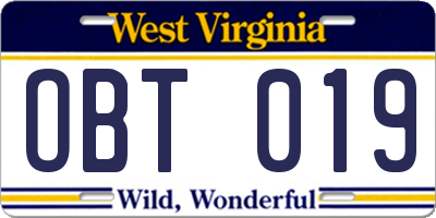 WV license plate OBT019