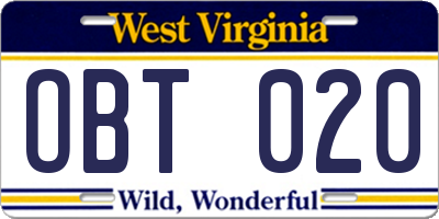 WV license plate OBT020