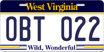 WV license plate OBT022