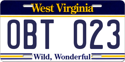 WV license plate OBT023