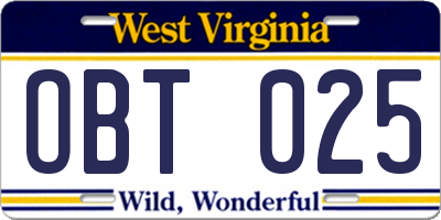 WV license plate OBT025