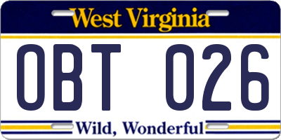 WV license plate OBT026