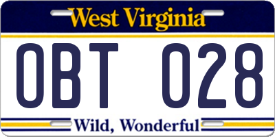 WV license plate OBT028