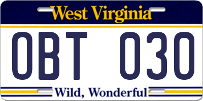 WV license plate OBT030
