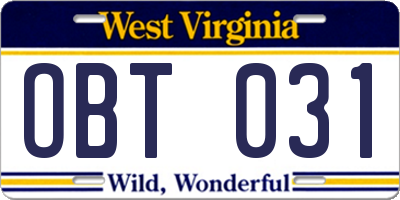 WV license plate OBT031