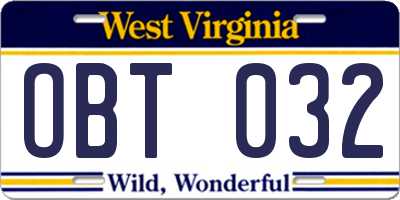 WV license plate OBT032