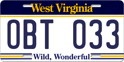 WV license plate OBT033