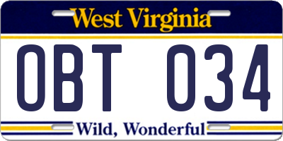WV license plate OBT034