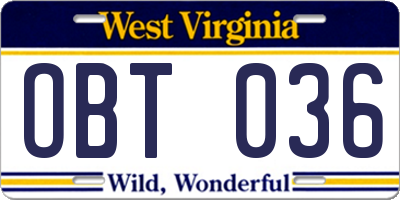 WV license plate OBT036