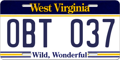 WV license plate OBT037