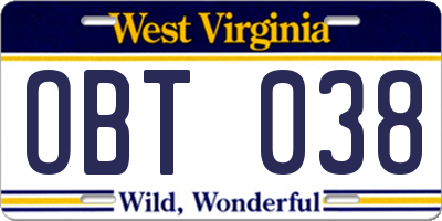 WV license plate OBT038