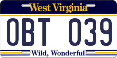 WV license plate OBT039