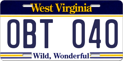 WV license plate OBT040