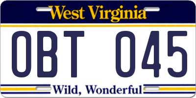 WV license plate OBT045
