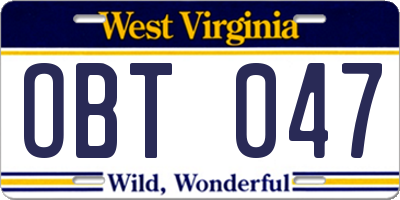 WV license plate OBT047