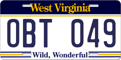 WV license plate OBT049