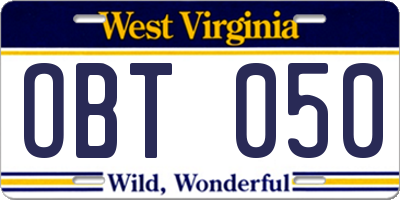 WV license plate OBT050
