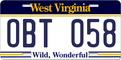 WV license plate OBT058