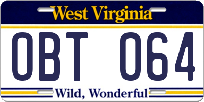WV license plate OBT064