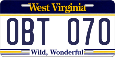 WV license plate OBT070