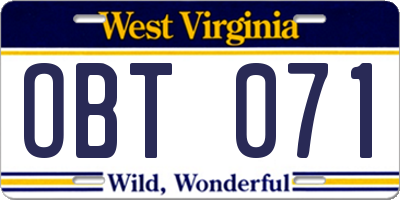 WV license plate OBT071