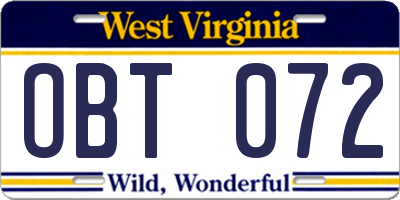 WV license plate OBT072