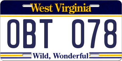 WV license plate OBT078