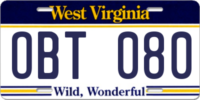 WV license plate OBT080