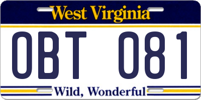 WV license plate OBT081