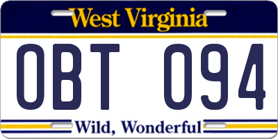 WV license plate OBT094